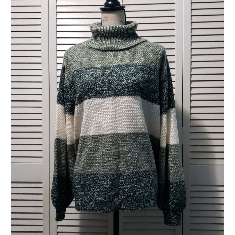 Zenana Knit Turtleneck Sweater Women's XL‎ Green Cream Striped Balloon Sleeve